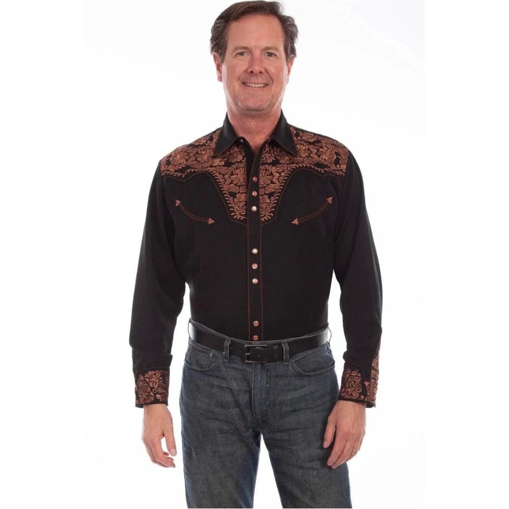 Scully Men’s Black Copper Floral Tooled Embroidery Western Shirt-Size 4X